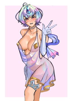 1girl breasts cleavage fire_emblem fire_emblem_heroes functionally_nude large_breasts lingerie looking_at_viewer midriff multicolored_eyes multicolored_hair navel nintendo see-through_clothes seidr_(fire_emblem) short_hair solo sunbeam_(artist) underwear victory_pose