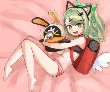 >_< 1girl absurdres animal_ear_hairband animal_ears backpack bag barefoot black_bra blue_archive blush bra cat_ear_hairband cat_ears doodle_sensei_(blue_archive) eous_(zenless_zone_zero) fake_animal_ears fake_wings fang feet flying_sweatdrops green_eyes green_hair hair_ornament hairband hairpin highres ishiro loli looking_at_viewer lying multiple_hair_clips multiple_hairpins navel nude on_bed on_side open_mouth panties paper randoseru ribs sensei_(blue_archive) soles solo striped_clothes striped_panties sunna_(zenless_zone_zero) toes two-tone_panties underwear white_wings winged_bag wings wise_(zenless_zone_zero) zenless_zone_zero