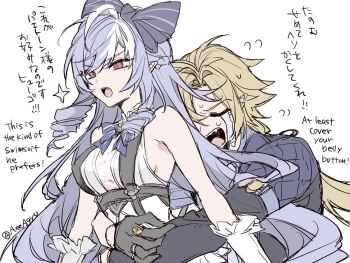 ! 1boy 1girl aeea arm_out_of_sleeve armband ascot bare_shoulders black_gloves blonde_hair bow bowtie breasts closed_eyes coat covering_another crying drill_hair english_text fangs gem gloves gold_ring hair_bow highres hug hug_from_behind hugo_vlad jewelry long_hair mole mole_under_eye multiple_rings open_mouth pointy_ears purple_ascot purple_bow purple_bowtie purple_coat purple_gemstone purple_hair purple_shirt ring see-through_clothes shirt sideboob sideboob_cutout sparkle sweat swimsuit tongue twitter_username vivian_banshee vivian_banshee_(iris_of_the_shore) white_background white_wrist_cuffs wrist_cuffs zenless_zone_zero