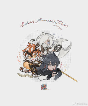 3girls animal_ears arknights black_hair commentary_request fang furry furry_female grey_eyes highres mask mouth_mask multicolored_hair multiple_girls open_mouth orange-tinted_eyewear shirayuki_(arknights) simple_background sirakaro slit_pupils tail texas_(arknights) tiger_girl tinted_eyewear translation_request waai_fu_(arknights) weasel weasel_ears weasel_girl weasel_tail