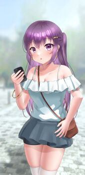 1girl absurdres bag bike_shorts casual cellphone earrings gochuumon_wa_usagi_desu_ka? highres jewelry long_hair okdy_dr_anid phone purple_eyes purple_hair shoulder_bag skirt smartphone tedeza_rize thigh_focus thighs waiting