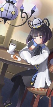 1girl black_dress black_hair black_pantyhose blue_gloves blunt_bangs blush bob_cut chair chandelure closed_mouth coat cup dress elbow_rest food gen_5_pokemon gloves gradient_hair gwynn_(pokemon) hat head_on_hand head_rest highres long_sleeves looking_at_viewer multicolored_hair nintendo on_chair open_clothes open_coat pantyhose piratakidesu plate pokemon pokemon_legends:_z-a purple_eyes purple_hair short_hair sitting table white_coat