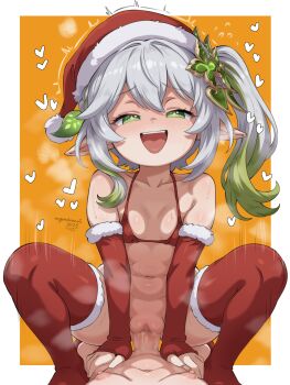 +_+ 1boy 1girl :d argonchann artist_name bikini breasts censored collarbone cowgirl_position elbow_gloves fingerless_gloves fur-trimmed_gloves fur-trimmed_headwear fur-trimmed_thighhighs fur_trim genshin_impact girl_on_top gloves green_eyes green_hair grey_hair hair_ornament hat heart hetero highres leaf_hair_ornament loli mosaic_censoring multicolored_hair nahida_(genshin_impact) navel open_mouth orange_background penis pointy_ears pov pussy red_bikini red_gloves red_hat red_thighhighs santa_bikini santa_costume santa_hat sex side_ponytail signature simple_background small_breasts smile solo spread_legs squatting squatting_cowgirl_position straddling swimsuit teeth thighhighs two-tone_hair upper_teeth_only vaginal