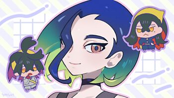 Rule 34 | 1boy, 2girls, artist name, bare shoulders, black choker, black hair, blue gakuran, blue hair, bob cut, brown eyes, carmine (pokemon), chibi, chibi inset, choker, collarbone, collared shirt, colored inner hair, crossed bangs, gloves, gradient hair, grey shirt, hair between eyes, hairband, jacket, kieran (pokemon), long sleeves, loose hair strand, mole, mole under eye, multicolored hair, multiple girls, nintendo, perrin (pokemon), pokemon, pokemon sv, purple hair, red gloves, red hair, ribbed shirt, shirt, short hair, shorts, single glove, sleeveless, sleeveless shirt, solo focus, upper body, v-neck, white jacket, white shorts, yasaikakiage, yellow bag, yellow eyes, yellow hairband