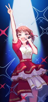 amami_haruka blue_eyes bracelet dress frilled_dress frills hair_ribbon highres idol idolmaster idolmaster_(classic) jewelry looking_at_viewer microphone music open_mouth red_dress red_ribbon red_skirt ribbon singing skirt sparkle stage stage_lights ting_come v white_trim