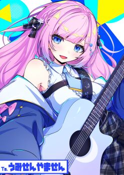 1girl absurdres bare_shoulders black_bow black_skirt blue_eyes blue_jacket bow breasts collared_shirt commentary_request commission guitar hair_bow hair_ornament highres indie_virtual_youtuber instrument jacket karan_koron100 long_hair long_sleeves looking_at_viewer medium_breasts off_shoulder open_clothes open_jacket open_mouth pink_bow pink_hair plaid_bow plaid_clothes plaid_skirt second-party_source shirt skirt sleeveless sleeveless_shirt smile solo tansansui_(vtuber) upper_body virtual_youtuber white_shirt