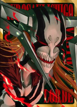 Rule 34 | 1boy, absurdres, aura, bleach, character name, chest tattoo, colored skin, demon boy, demon horns, english text, eye trail, highres, hole in chest, hole on body, hollow (bleach), hollow ichigo, hollow mask, horns, kurosaki ichigo, light trail, long hair, male focus, mask, open mouth, orange hair, portrait, red eyes, red fur, sharp teeth, solid eyes, solo, tattoo, teeth, topless male, white skin, zunedraws