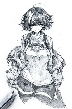 1girl bike_shorts black_hair black_shorts black_thighhighs blush_stickers breasts commentary cowlick cropped_legs greyscale guilty_gear guilty_gear_strive highres jacket long_sleeves looking_at_viewer monochrome multicolored_hair nt50 open_clothes open_jacket shirt short_hair shorts simple_background smile solo standing thighhighs traditional_media turtleneck turtleneck_shirt two-tone_hair unika_(guilty_gear) white_background