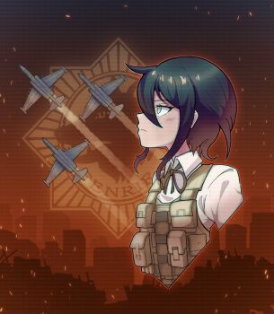 1girl aircraft airplane brown_eyes collared_shirt cropped_torso danganronpa:_trigger_happy_havoc danganronpa_(series) embers from_side frown hair_between_eyes highres ikusaba_mukuro jet looking_up military_vehicle neck_ribbon profile red_background red_ribbon ribbon shirt short_hair solo soshu_(soshuscribbles) su-25 vest white_shirt