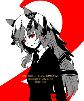 1girl absurdres animal_ears artist_name black_suit business_suit english_text formal_clothes hair_ribbon highres horse_ears horse_girl kopperion red_eyes ribbon simple_background solo still_in_love_(umamusume) suit two-tone_background umamusume veil