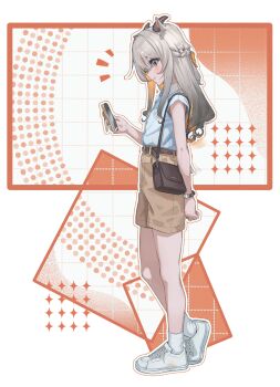 1girl animal_ears arm_behind_back bag belt black_belt black_horns blush braid brown_bag brown_shorts chinese_commentary closed_mouth commentary_request from_side full_body grey_hair half_up_braid highres holding holding_phone horns long_hair long_sidelocks looking_at_object multicolored_hair orange_background orange_eyes orange_hair orange_streaks original partial_commentary phone shirt shoes shorts shoulder_bag sidelocks simple_background sleeveless sleeveless_shirt socks solo standing striped_clothes striped_shirt two-tone_hair uito_yzwa watch white_background white_shirt white_shoes white_socks wristwatch