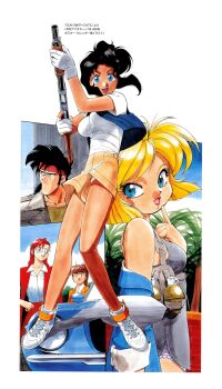 1990s_(style) 1boy 4girls bean_bandit becky_farrah black_hair blonde_hair blue_eyes car copyright_name explosive eyelashes finger_to_cheek gloves grenade gun gunsmith_cats harness headband highres holding holding_gun holding_weapon lipstick long_hair looking_at_viewer makeup minnie_may_hopkins misty_brown motor_vehicle multiple_girls non-web_source off_shoulder official_art open_mouth pump_action rally_vincent red_hair red_headband red_lips retro_artstyle round_eyewear semi-rimless_eyewear shirt_tucked_in shoes short_hair short_sleeves shorts shotgun sneakers sonoda_ken'ichi teeth upper_teeth_only vest weapon white_gloves