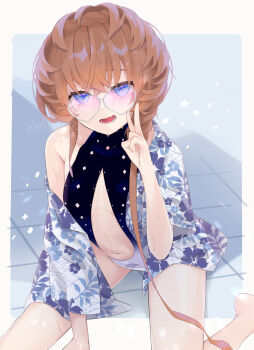 1girl bare_shoulders barefoot black_one-piece_swimsuit blue_eyes blue_shirt braid breasts center_opening crown_braid fate/grand_order fate_(series) hawaiian_shirt heart heart-shaped_eyewear highres long_hair looking_at_viewer navel off_shoulder one-piece_swimsuit open_mouth orange_hair shimaa482 shirt short_sleeves side_braid small_breasts solo sunglasses swimsuit van_gogh_(fate) van_gogh_(sink_deeper)_(fate) white_one-piece_swimsuit