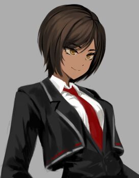 Rule 34 | 1girl, black jacket, brown hair, closed mouth, collared shirt, dolsig ilangnolja, jacket, lapels, limbus company, necktie, notched lapels, outis (project moon), project moon, protected link, red necktie, shirt, short hair, silver trim, smile, solo, upper body, white shirt