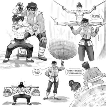 1boy 1girl abs back basket bathtub bdsm bondage boulder bound breasts bulge cleavage cup english_text exercising flick-the-thief greyscale height_difference highres holding holding_teapot large_breasts leaf monk monochrome muscular muscular_female muscular_male orc original pointy_ears pouring rock short_hair size_difference smile smoke teacup teapot topknot torn_clothes torn_sleeves tusks undressing weightlifting