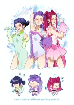 Rule 34 | 3girls, black hair, black shorts, braid, closed mouth, dress, earrings, hair bun, highres, jewelry, jiong wen, kpop demon hunters, long hair, looking at viewer, mira (kpop demon hunters), multiple girls, pink hair, purple hair, rumi (kpop demon hunters), short hair, shorts, shorts under dress, sidelocks, simple background, smile, white background, zoey (kpop demon hunters)