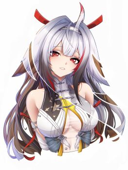 Rule 34 | 1girl, armlet, bare shoulders, black hair, breasts, brown hair, china dress, chinese clothes, collarbone, commentary, cropped torso, dankira, dress, droopy ears, hair intakes, hairband, head tilt, highres, jewelry, large breasts, long hair, looking at viewer, multicolored hair, parted lips, red eyes, red hair, red ribbon, ribbon, see-through clothes, see-through horns, silver armlet, simple background, solo, split theme, streaked hair, symbol-only commentary, transformation, upper body, very long hair, white background, white dress, white hair, white hairband, ye shunguang, zenless zone zero