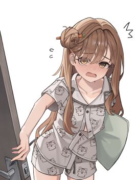 1girl absurdres black_survival blush brown_eyes brown_hair collarbone commentary cowboy_shot door english_commentary eternal_return:_black_survival fingernails grey_pajamas hair_between_eyes hair_bun highres holding holding_pill ies_0 long_bangs long_hair nose_blush open_mouth pajamas parted_bangs print_pajamas raised_inner_eyebrows short_shorts short_sleeves shorts simple_background single_side_bun solo standing tia_(black_survival) very_long_hair white_background