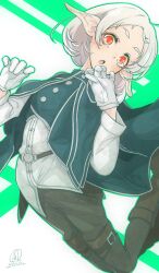 Rule 34 | 1girl, absurdres, arched back, belt, black pants, boots, brown footwear, elf, flat chest, gloves, green jacket, highres, jacket, jumping, lips, looking at viewer, mushoku tensei, ootori karen, open mouth, pants, pointy ears, red eyes, shirt, short eyebrows, short hair, signature, simple background, solo, surprised, sylphiette (mushoku tensei), thigh belt, thigh strap, white gloves, white hair, white shirt