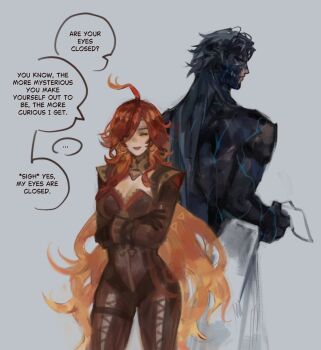 ... 1boy 1girl ahoge back-to-back black_hair black_skin blue_eyes breasts capitano_(genshin_impact) cleavage closed_eyes closed_mouth colored_skin commentary crossed_arms decay decaying_skin ear_piercing earrings english_commentary english_text genshin_impact grey_background highres holding holding_towel jewelry leotard long_hair long_sleeves looking_back mavuika_(genshin_impact) multicolored_hair nude open_mouth orange_hair piercing red_hair sgrimp simple_background speech_bubble spoken_ellipsis teeth towel triangle_mouth very_long_hair