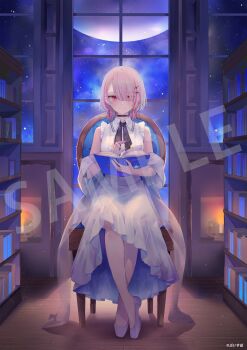 1girl asumi_sena black_choker book bookshelf choker closed_mouth full_body grey_hair hair_over_one_eye highres holding holding_book indoors library long_skirt looking_at_viewer multicolored_hair official_art pink_hair sample_watermark shirt shoes short_hair sitting skirt sleeveless sleeveless_shirt smile streaked_hair virtual_youtuber vspo! watermark white_shirt white_shoes white_skirt yukisame