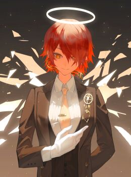 1girl absurdres ambience_synesthesia arknights arm_behind_back black_jacket blazer buttoned_cuffs buttons chinese_commentary closed_mouth collared_shirt commentary_request detached_wings exusiai_(arknights) formal_clothes glint gloves gold hair_over_one_eye halo highres jacket lapels light_particles long_sleeves necktie official_alternate_costume open_clothes open_jacket orange_eyes red_hair shirt short_hair smile solo tie_clip traditional_halo upper_body white_gloves white_halo white_shirt wings xylosed yellow_necktie