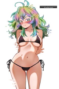 1girl :t absurdres animanghayo antenna_hair arms_behind_back artist_name bikini black_bikini blush boku_no_hero_academia breasts clip_studio_paint_(medium) commentary english_commentary glitch green_hair groin hagakure_toru highres large_breasts long_hair looking_at_viewer multicolored_hair navel paid_reward_available pink_hair pout purple_hair side-tie_bikini_bottom sidelocks simple_background solo standing subscribestar_logo subscribestar_username swimsuit thick_eyelashes thighs undersized_breast_cup v-shaped_eyebrows watermark web_address white_background