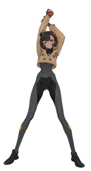 1girl :3 artist_name black_bodysuit_under_clothes black_hair collarbone commentary covered_navel crop_top crop_top_overhang cropped_jacket emma_(pokemon) full_body gluteal_fold highres holding holding_poke_ball looking_at_viewer nintendo olys one_eye_closed open_mouth poke_ball pokemon pokemon_legends:_z-a purple_eyes skin_tight skinny solo spread_legs standing stretching symbol-only_commentary teeth twitter_username white_background wide_hips