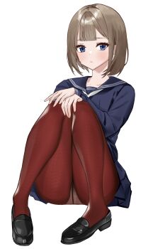 1girl absurdres black_shoes blue_eyes blue_sailor_collar blue_serafuku blue_shirt blue_skirt blush brown_hair brown_pantyhose cbwook closed_mouth commentary english_commentary highres knees_together_feet_apart looking_at_viewer neckerchief original panties panties_under_pantyhose pantyhose sailor_collar school_uniform serafuku shirt shoes short_hair skirt solo underwear white_neckerchief white_panties