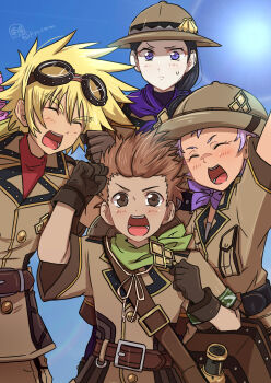 Rule 34 | 1girl, 3boys, arm up, bag, belt, black belt, blonde hair, blush, brooch, brown belt, brown eyes, brown gloves, brown hair, brown hat, brown jacket, brown pants, clenched hands, closed eyes, forked eyebrows, gloves, goggles, goggles on head, green neckerchief, hat, hermana larmo, highres, jacket, jay (tales), jewelry, karol capel, kiyou sumomo, kyle dunamis, long hair, low ponytail, multiple boys, neckerchief, official alternate costume, open mouth, pants, ponytail, porkpie hat, purple eyes, purple hair, purple neckerchief, red shirt, pith helmet, scar, scar on face, scar on nose, shirt, short hair, short sleeves, shoulder bag, smile, spiked hair, sword, sword on back, tales of (series), tales of asteria, tales of destiny, tales of destiny 2, tales of innocence, tales of legendia, tales of vesperia, thick eyebrows, weapon, weapon on back