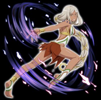 1girl amazon_warrior argana_kalif barefoot breasts dark_skin dungeon_ni_deai_wo_motomeru_no_wa_machigatteiru_darou_ka full_body highres long_hair official_art simple_background white_hair