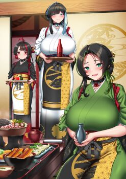 3girls ahoge black_hair black_kimono blue_eyes blue_hair bottle breasts character_request closed_mouth commentary_request fang food fruit green_eyes green_hair green_kimono highres hitotsuki_nebura holding holding_bottle holding_tray japanese_clothes kimono large_breasts lock mole mole_under_eye mole_under_mouth multicolored_hair multiple_girls obi okami-san_(hitotsuki_nebura) open_mouth original padlocked_choker red_eyes red_hair sake_bottle sash shouji sliding_doors smile streaked_hair tatami tray watermelon watermelon_slice white_kimono