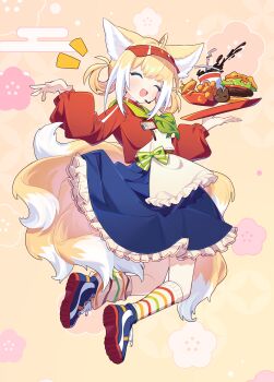 1girl absurdres alternate_costume animal_ears apron arknights blonde_hair burger chinese_commentary closed_eyes commentary_request food fox_ears fox_girl fox_tail green_neckerchief highres holding holding_tray kitsune kyuubi miaoneko mixed-language_commentary multiple_tails neckerchief skirt socks solo suzuran_(arknights) tail tray
