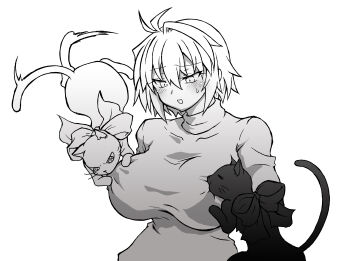 3girls absurdres ahoge alternate_breast_size_(larger) arcueid_brunestud blush breast_sucking breasts cat closed_eyes hair_intakes highres large_breasts len_(cat)_(tsukihime) len_(tsukihime) looking_at_another monochrome multiple_girls short_hair sweat sweater tententensan tsukihime turtleneck turtleneck_sweater upper_body white_len_(cat)_(tsukihime) white_len_(tsukihime) yuri