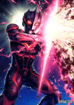 1boy alien armor aura black_skin color_timer colored_skin copyright_notice dark_aura dark_zagi electricity giant multicolored_skin official_art red_eyes red_skin shoulder_armor shoulder_pads solo space tatsuya_(atelier_road) tokusatsu two-tone_skin ultra_beam ultra_series ultraman_nexus_(series)
