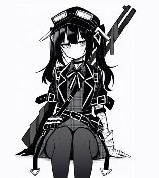 1girl bandaged_arm bandaged_hand bandages belt belt_buckle blazer blush bow bowtie buckle choker closed_mouth commentary dot_nose dress feet_out_of_frame flat_cap greyscale hair_between_eyes hat highres jacket kurobe_nanoka kurobe_nanoka lapels long_hair looking_at_viewer mahou_shoujo_no_majo_saiban makigirisu monochrome multiple_belts open_clothes open_jacket pantyhose peaked_cap plaid_clothes plaid_dress simple_background sitting solo twintails unmoving_pattern white_background