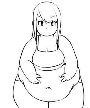1girl animated animated_gif belly big_belly blinking bra breasts cleavage commentary cowboy_shot english_commentary fat fat_woman greyscale hand_on_own_stomach iveo large_breasts looping_animation monochrome navel obese original panties smile solo thick_thighs thighs underwear