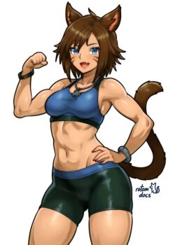 Rule 34 | 1girl, :d, absurdres, animal ears, artist name, bare arms, bare shoulders, blue eyes, blue sports bra, bracelet, breasts, brown hair, cat ears, cat girl, cat tail, commission, cowboy shot, cowlick, fang, flexing, green shorts, hand on own hip, highres, jewelry, ko-fi commission, looking at viewer, midriff, nail polish, navel, necklace, open mouth, original, rotomdocs, short hair, shorts, signature, skin fang, smile, solo, sports bra, sportswear, stomach, tail, toned, toned female, white background, workout clothes