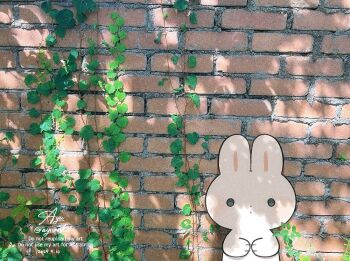 Rule 34 | animal, animal focus, ayu (mog), brick wall, closed mouth, commentary, dappled sunlight, dated, day, leaf, mixed media, no humans, original, outdoors, photo background, rabbit, signature, solid circle eyes, solo, sunlight, symbol-only commentary, twitter username, watermark