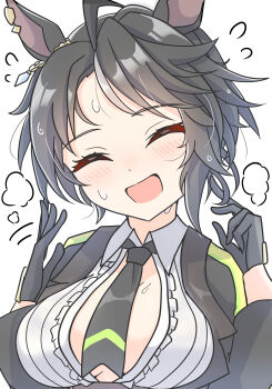 1girl absurdres ahoge animal_ears arnolddayo black_gloves black_hair black_jacket black_necktie blush breasts center_frills center_opening closed_mouth commentary_request ear_ornament facing_viewer frilled_shirt frills fuji_kiseki_(shooting_star_revue)_(umamusume) fuji_kiseki_(umamusume) gloves hair_between_eyes highres horse_ears horse_girl jacket long_sleeves multicolored_hair necktie no_bra open_mouth shirt short_hair smile solo sweat umamusume upper_body white_hair white_shirt