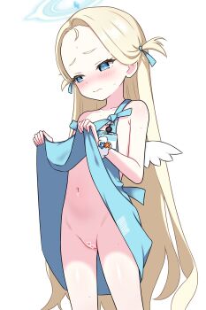 1girl absurdres apron apron_lift aqua_apron blonde_hair blue_archive blush bright_pupils censored cleft_of_venus clothes_lift collarbone commentary embarrassed forehead halo heart heart_censor highres loli long_hair looking_down navel nose_blush pussy scrunchie simple_background solo sora_(blue_archive) stomach two_side_up very_long_hair white_background white_pupils white_wings wings wrist_scrunchie zing_(z_z_zing)