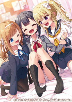 3girls :d ;d ^_^ black_hair black_jacket black_skirt black_socks blazer blonde_hair blue_eyes blue_ribbon blue_sailor_collar blue_skirt blurry blurry_background blush bow bow_panties breasts brown_hair brown_pantyhose brown_sweater cameltoe closed_eyes collared_shirt depth_of_field grey_jacket hair_bow hair_ribbon hairband holding_another&#039;s_wrist jacket kneeling large_breasts long_hair long_sleeves matokechi melonbooks multiple_girls neck_ribbon no_shoes official_art on_one_knee one_eye_closed open_clothes open_jacket open_mouth original panties pantyhose pleated_skirt puffy_long_sleeves puffy_sleeves purple_eyes red_bow ribbed_socks ribbon sailor_collar school_uniform serafuku shirt skirt smile socks sweater thighhighs twintails underwear very_long_hair white_bow white_hairband white_panties white_ribbon white_shirt white_thighhighs