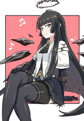 Rule 34 | 1girl, antenna hair, arknights, arm support, ascot, beamed eighth notes, belt, belt buckle, black ascot, black eyes, black gloves, black hair, black halo, black skirt, black thighhighs, black wings, blunt bangs, border, breasts, broken halo, buckle, bustier, buttons, closed mouth, collared jacket, commentary request, crossed legs, dark halo, detached wings, eighth note, energy wings, feet out of frame, from side, gloves, grey belt, grey shirt, hair flowing over, halo, hand on own knee, hand rest, highres, hime cut, jacket, knees, lace, lace-trimmed skirt, lace trim, layered sleeves, long hair, long sleeves, looking at viewer, looking to the side, miniskirt, mole, mole under eye, musical note, partial commentary, pink background, quarter note, shirt, short-sleeved jacket, short over long sleeves, short sleeves, sidelocks, simple background, sitting, skirt, small breasts, smile, solo, straight hair, strap, thighhighs, thighs, u5 oekaki, very long hair, virtuosa (arknights), white border, white jacket, wide sleeves, wing collar, wings, yellow pupils