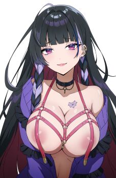 1girl absurdres ahoge areola_slip barbell_piercing belt black_collar black_hair blue_hair blunt_bangs braid breasts cardigan chest_harness collar commentary daydarion ear_piercing earrings eyeshadow frilled_sweater grey_hair harness highres jewelry large_breasts long_hair long_sleeves looking_at_viewer makeup meloco_kyoran meloco_kyoran_(1st_costume) multicolored_hair naked_cardigan necklace nijisanji nijisanji_en no_bra o-ring o-ring_harness off_shoulder open_cardigan open_clothes piercing purple_cardigan purple_eyes purple_eyeshadow purple_hair red_belt revision side_braid side_braids simple_background smile smug solo spider_web_tattoo streaked_hair tattoo upper_body v_arms very_long_hair virtual_youtuber white_background