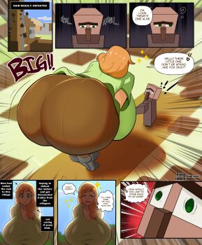 ! !! 1boy 1girl :o age_difference alex_(minecraft) ass breasts closed_eyes english_text fake_face green_eyes huge_ass huge_breasts long_hair minecraft open_mouth orange_hair ponytail side_ponytail size_difference smile speech_bubble surprised villager_(minecraft)