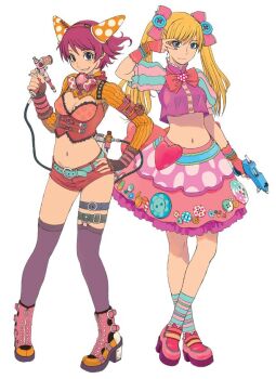 Rule 34 | 2girls, airbrush, azuma kiyohiko, blonde hair, blue eyes, boots, bow, brown eyes, buttons, cleavage cutout, clothing cutout, contrapposto, crop top, crossed legs, dress, fingerless gloves, gloves, glue gun, hand on own hip, legwear garter, midriff, multiple girls, official art, pigeon-toed, pink gloves, purple hair, purple legwear, reset (wonder festival), short hair, short shorts, shorts, simple background, socks, standing, striped clothes, striped legwear, striped socks, thigh strap, thighhighs, twintails, v, wanda (wonder festival), white background, wonder festival