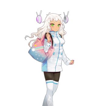 1girl bag boots breasts commentary_request dark-skinned_female dark_skin detached_sleeves dress green_eyes long_hair looking_at_viewer medium_breasts merueto mylene_halley off_shoulder shoulder_bag tan thigh_boots uchi_no_hime-sama_ga_ichiban_kawaii white_boots white_dress white_hair