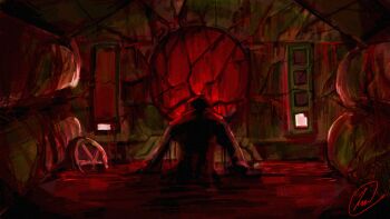 Rule 34 | 1boy, blood, commentary, crack, cracked glass, dim lighting, english commentary, from behind, glowing, highres, iron lung (movie), lynnington, male focus, outstretched arms, partially submerged, red theme, simon (iron lung), solo, submarine, upper body, vehicle interior, watercraft