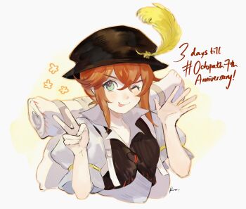 aubz brown_hair brown_vest feathers green_eyes hat_feather highres octopath_traveler octopath_traveler_i tressa_(octopath_traveler) tressa_colzione v vest yellow_feathers