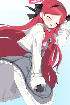 1girl black_gloves blue_archive blush d_(delt4) gloves hairband halo looking_at_viewer pantyhose red_hair red_halo shirt simple_background smile solo takane_(blue_archive) twitter white_background white_pantyhose white_shirt yellow_eyes